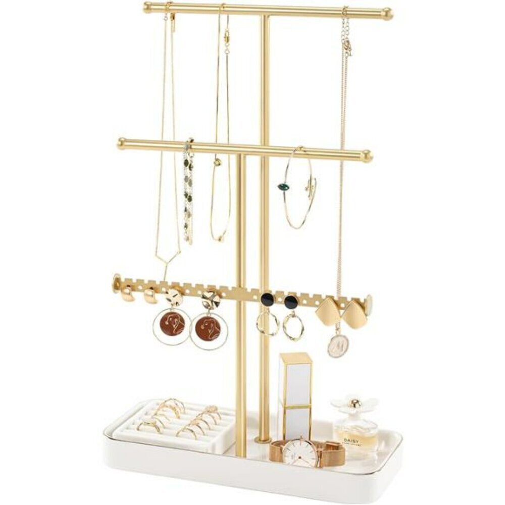 Lolalet Jewelry Necklace Holder Gold Display Stand Ceramic Base Ring Tray 14in